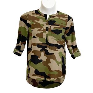 Gibson Latimer Tunic Top Women's Sz Small Camouflage Henley Roll-Tab Sleeves